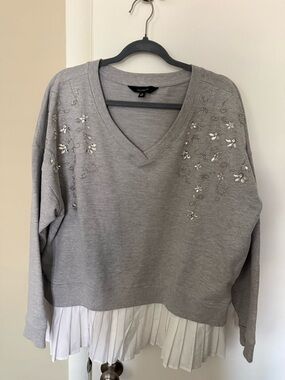 Calypso St. Barth Embellished Gray V‑Neck Sweater with Pleated Hem